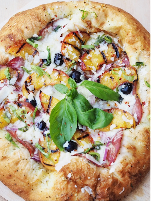 Grilled peach blueberry four cheese summer pizza